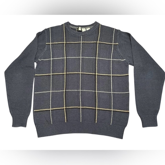 Oscar de la Renta Blue/Yellow/White Windowpane Front Crewneck Sweater Size L - Picture 2 of 6